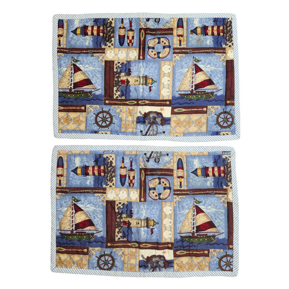Set of 2 Nautical Placemats Blue Lighthouse Sailboat Beach House Decor Coastal - Picture 1 of 5